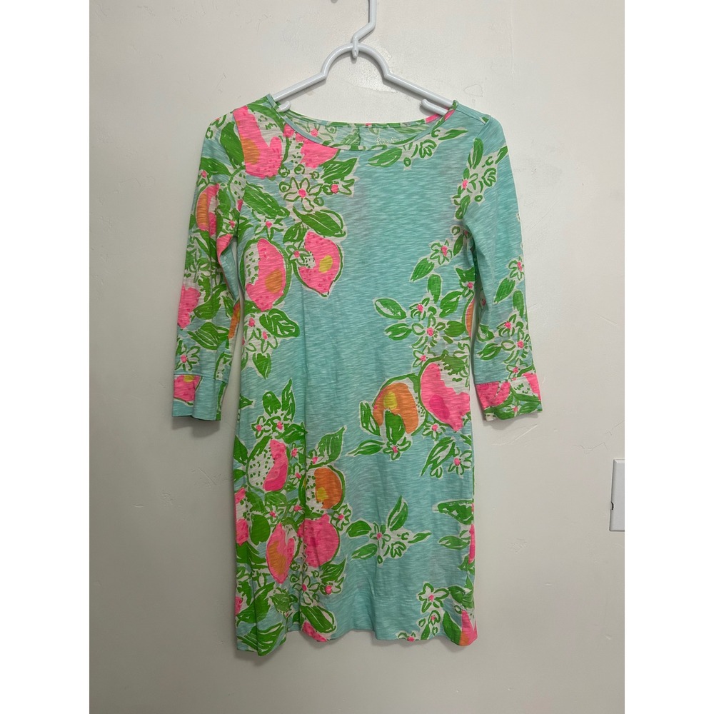 Lilly Pulitzer‎ Marlowe Aqua Pink Floral Citrus Slub Cotton Dress Size xxs